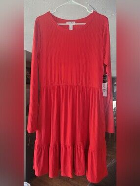 just be Red Ribbed Long-Sleeve Tiered Tunic Dress With Pockets